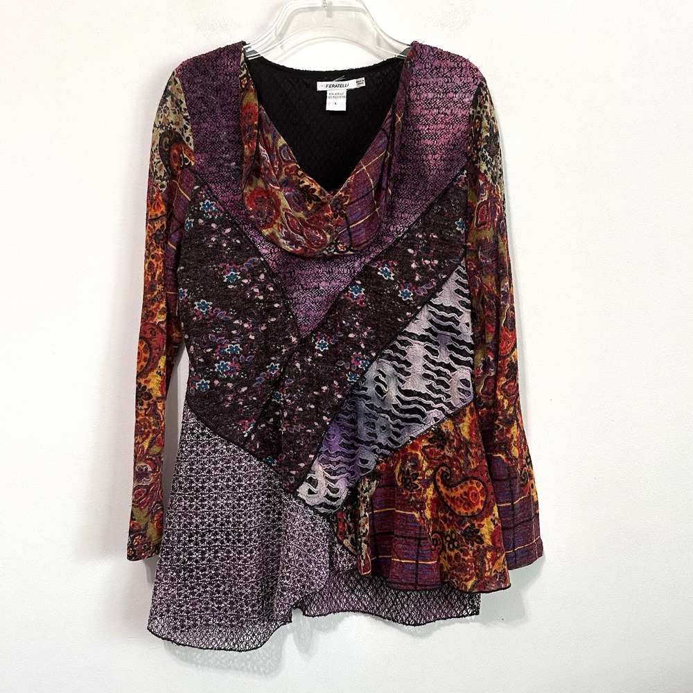 Feratelli Knit Tunic L Artsy Long Sleeve Asymmetric Hem Patchwork Cowl Neck Top